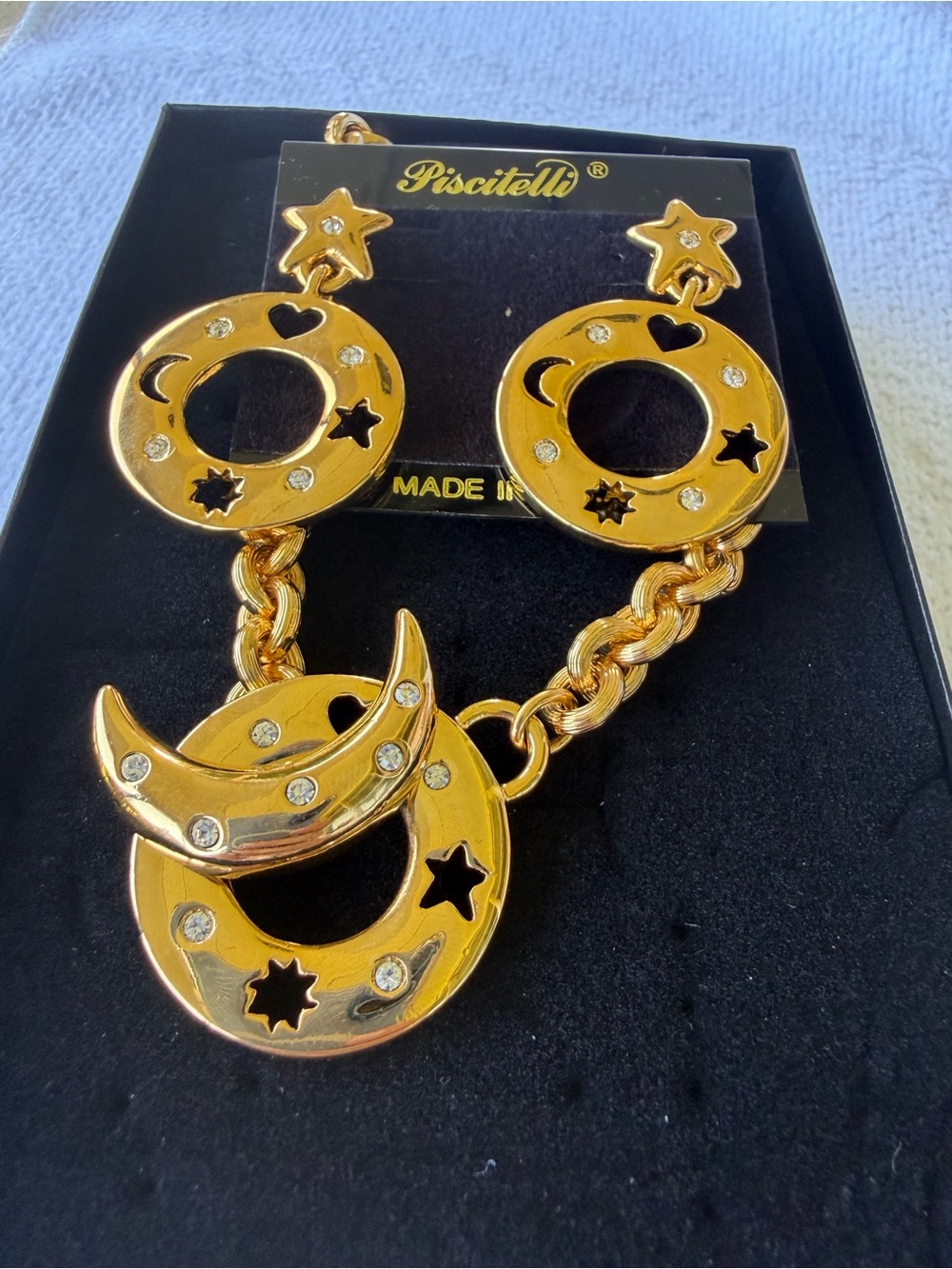 Vintage Piscitelli Gold Tone Celestial Necklace & Earrings Set Moon Stars